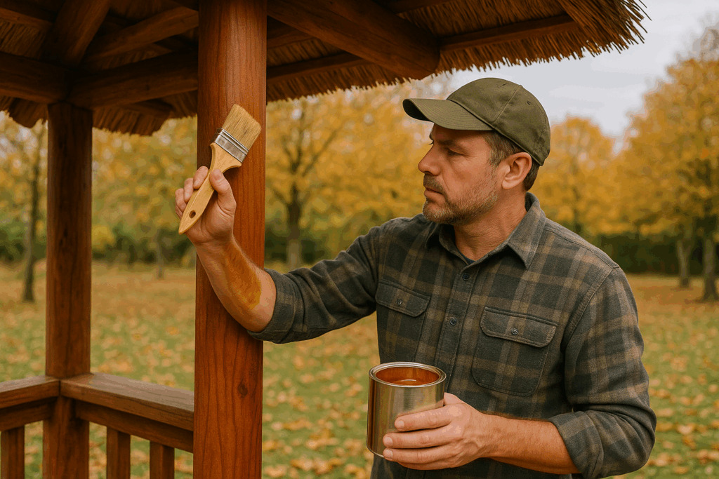 Man applying wood stain to Bali hut post.