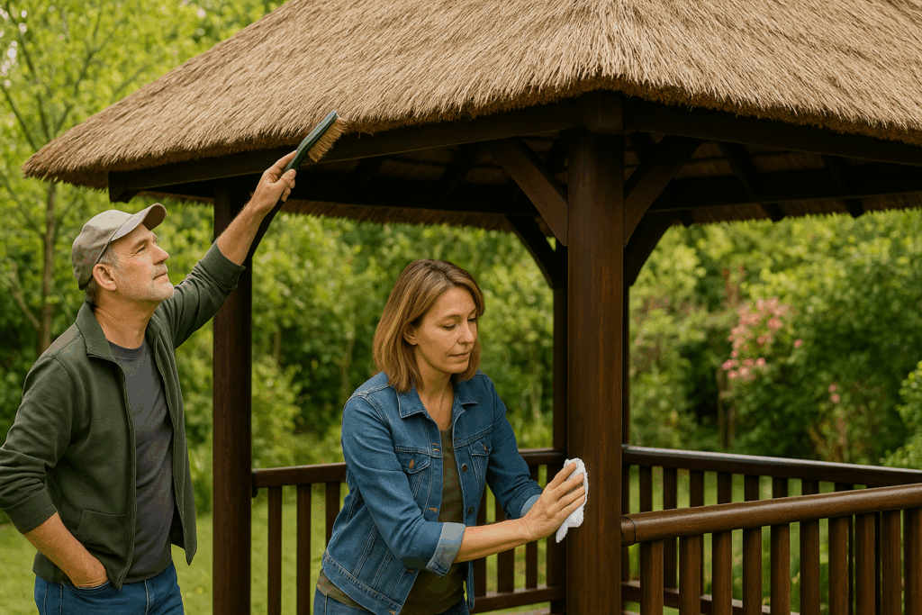 Couple cleaning and maintaining a Bali hut