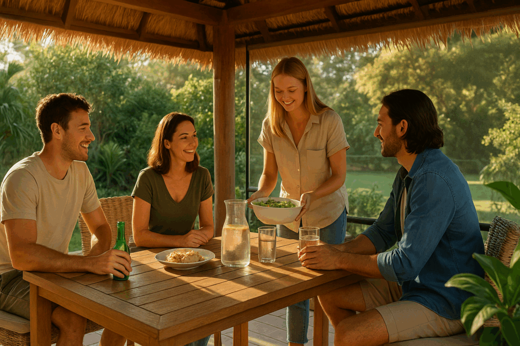 Friends relaxing under Bali hut with blinds