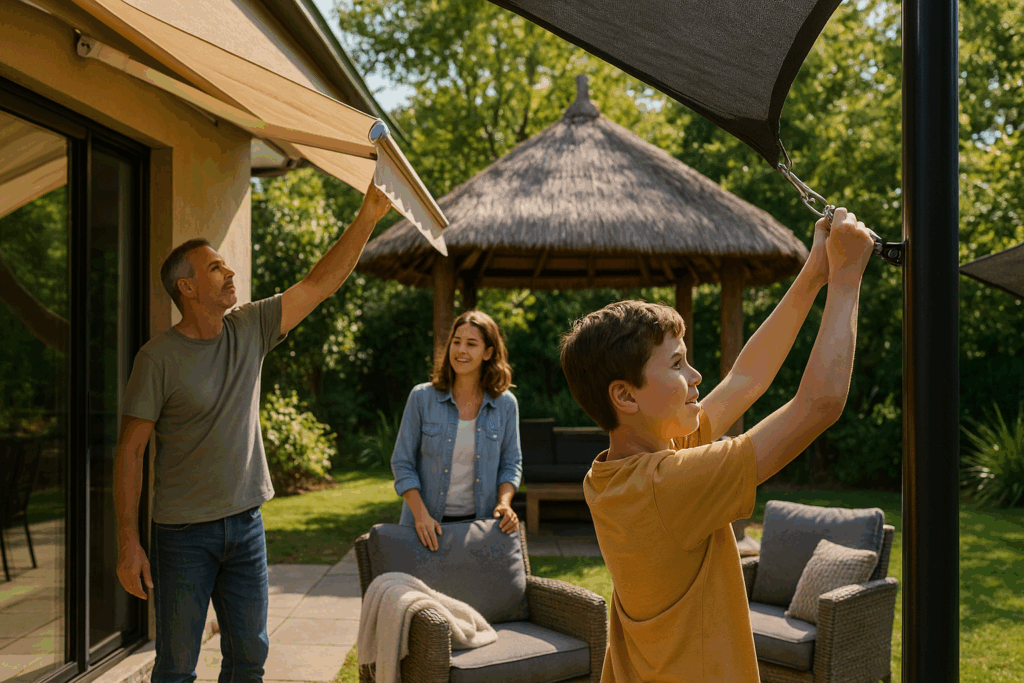 Family adjusting outdoor shade solutions together