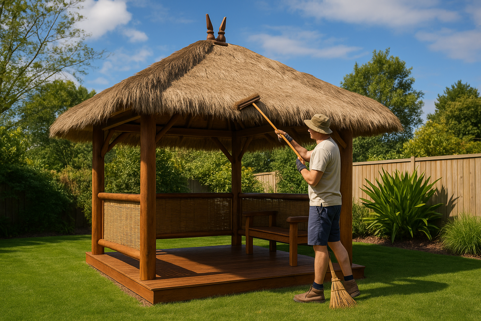 Man cleaning Bali hut roof in backyard