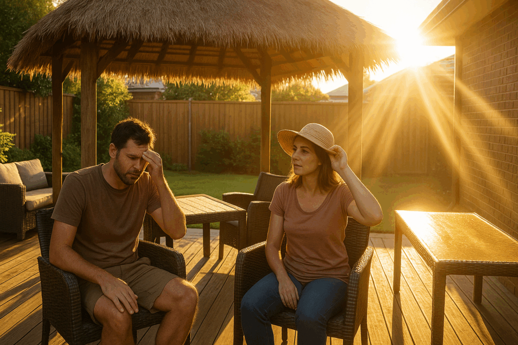 People under Bali hut with side sun glare