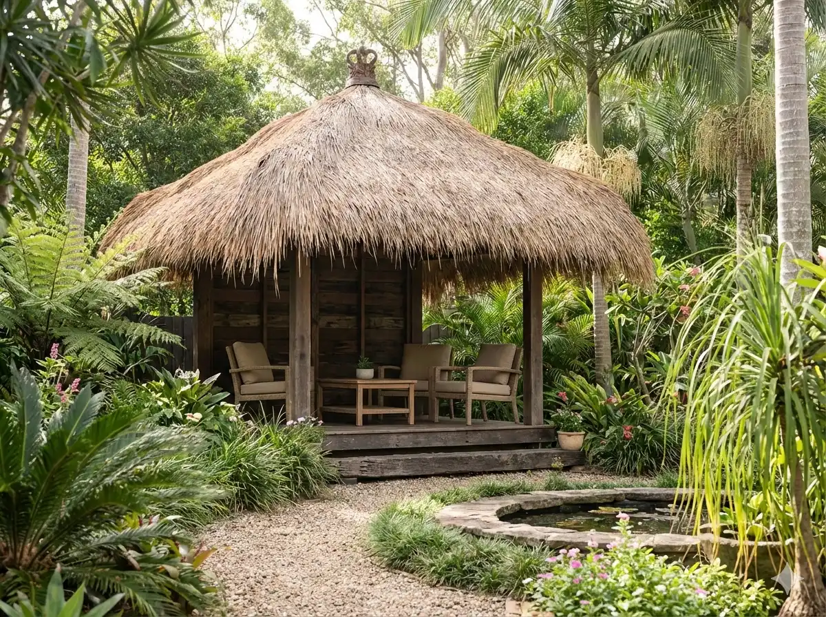 Outdoor Backyard with a Simple Bali Hut