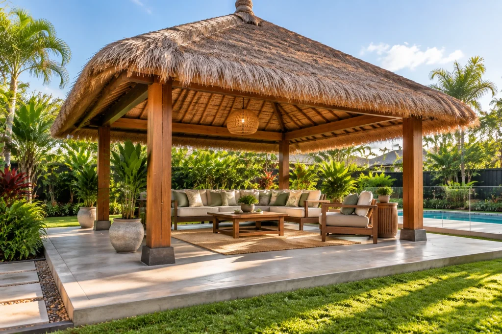 Heavy-duty base, concrete gives your Bali hut a solid, level surface
