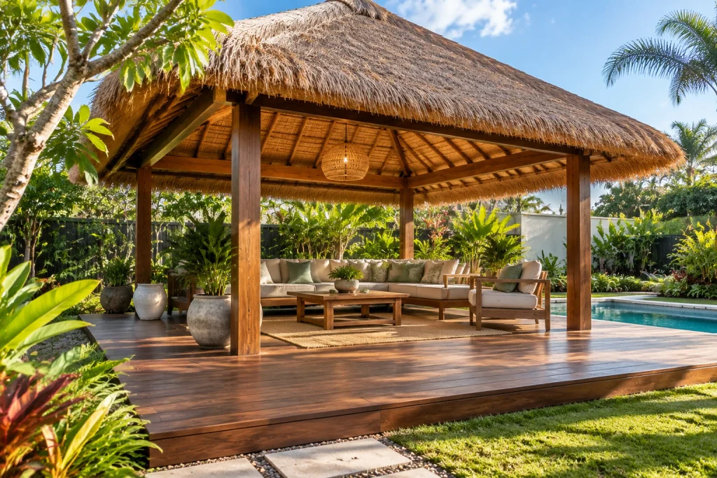 Oiled timber decking enhances your Bali Hut look