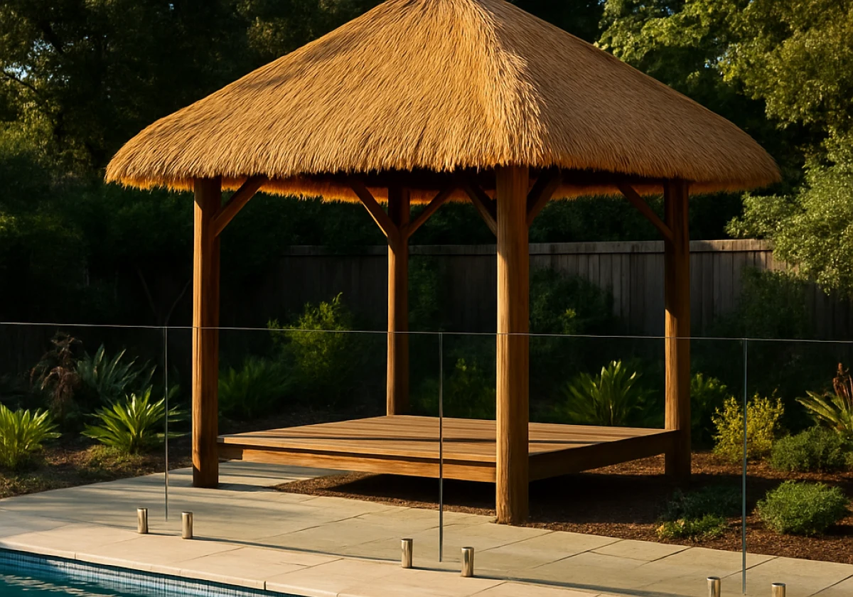 Bali hut with timber frame and golden thatch positioned