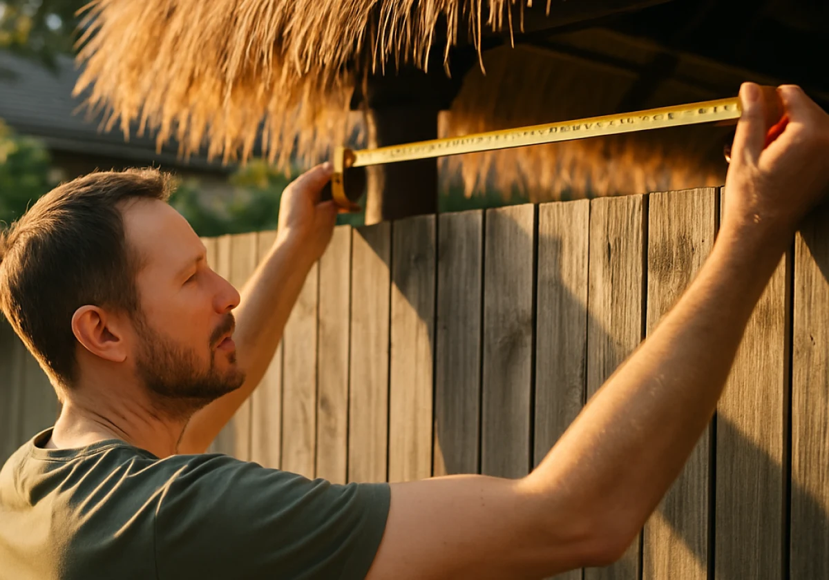 Homeowner measuring the one-metre gap between weathered wooden fence