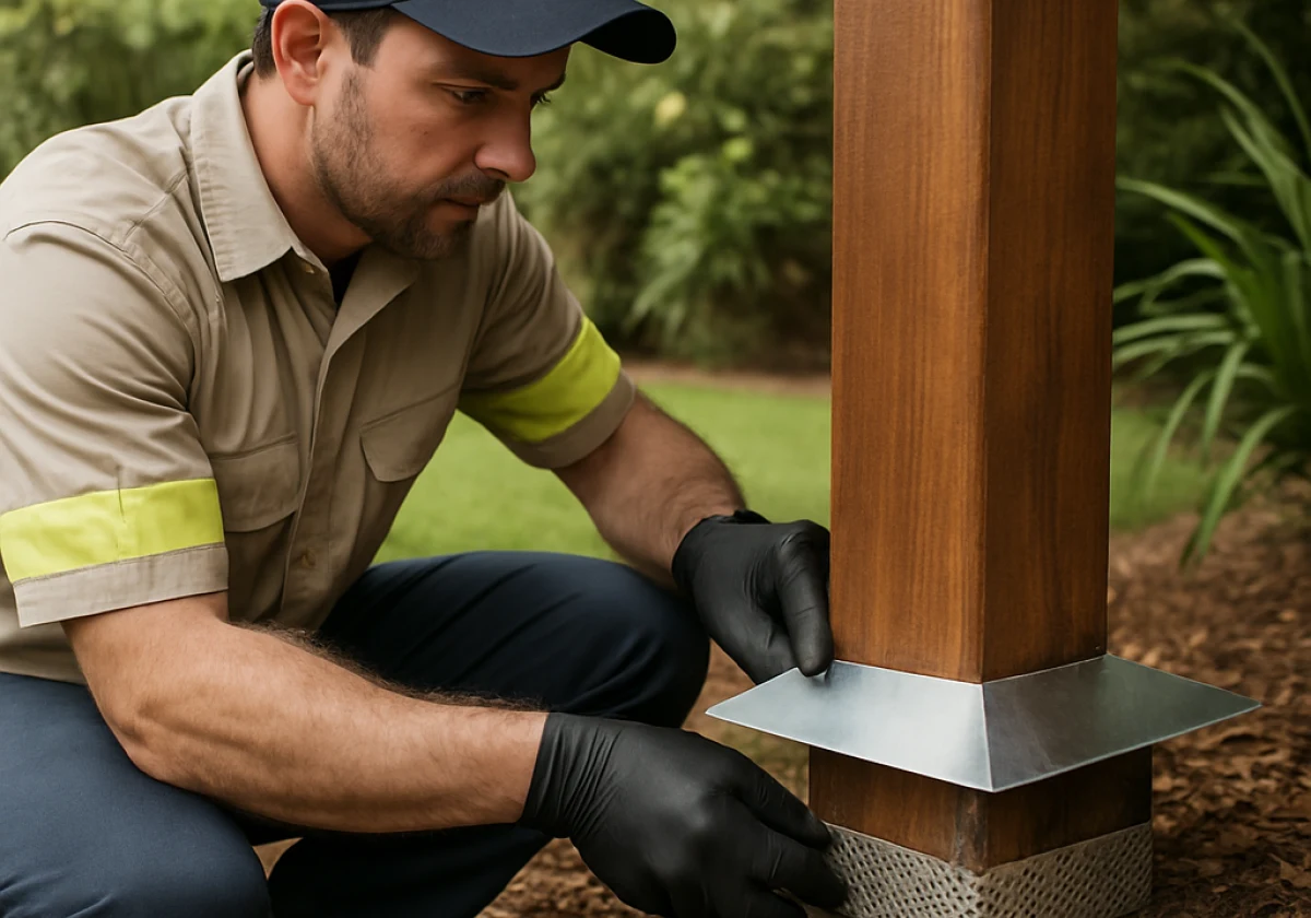 Pest controller crouching beside a wooden Bali hut post