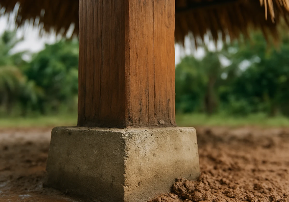 Close-up ground-level view of a Bali hut's wooden post