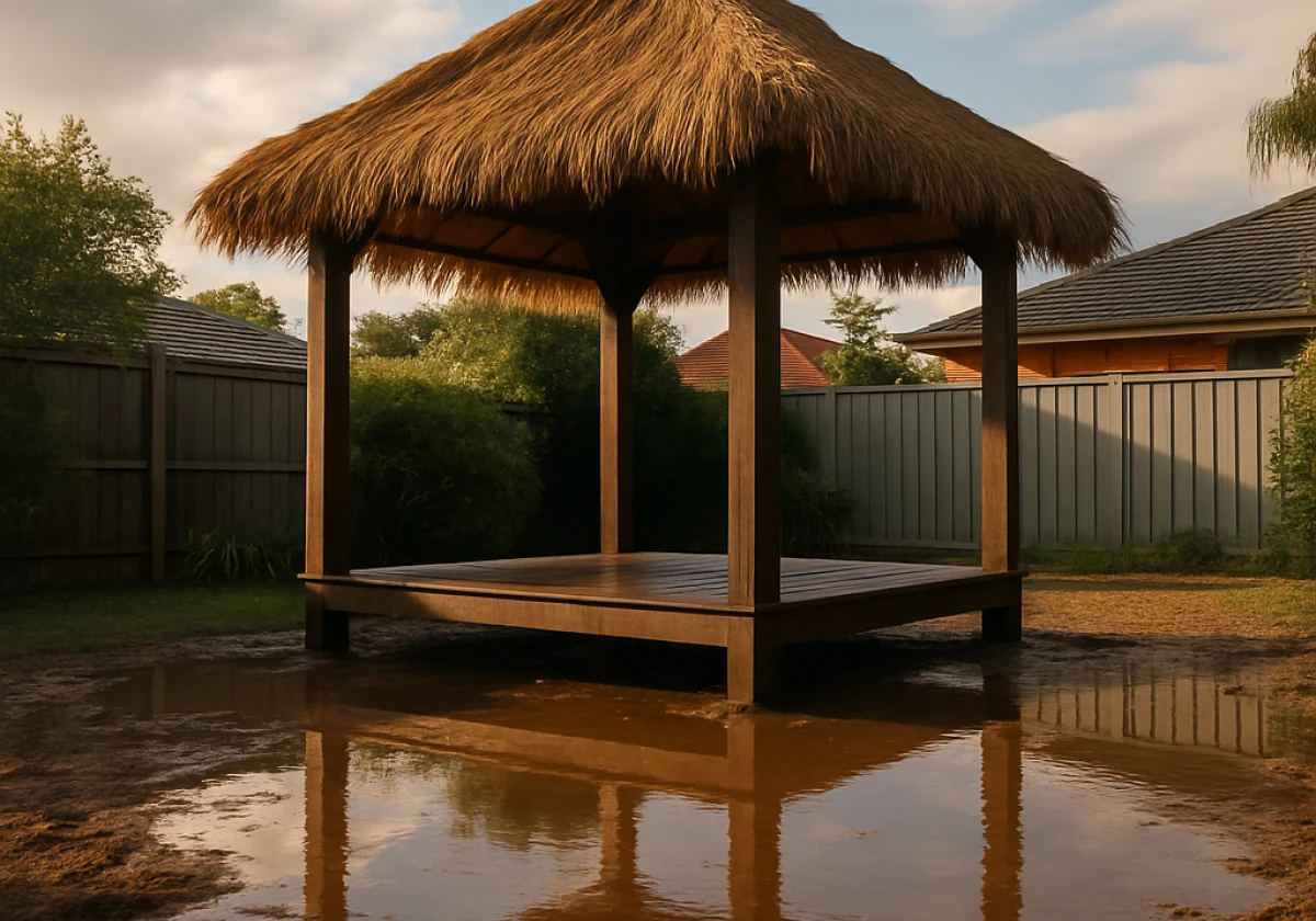 Bali hut in an Australian suburban backyard after heavy rain
